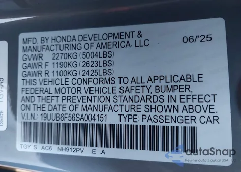 2025 Acura Tlx A-Spec Package from USA, damaged, VIN 19UUB6F56SA004151